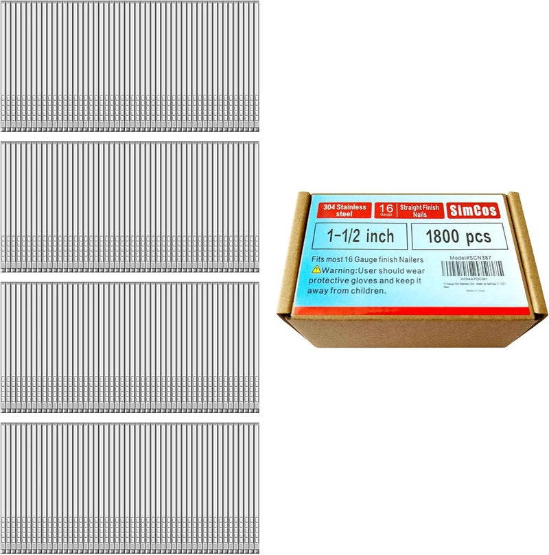 SimCos 16 Gauge 304 Stainless Steel Straight Finish Nails, Assorted Size Project Pack for Pneumatic, Electric Finish Nailer or Nail Gun (1-1/2") - Image 1